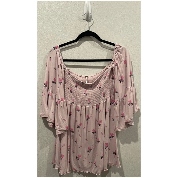 FREE PEOPLE Lana Off The Shoulder Pink Lilac Floral Bell Sleeves Tunic - Picture 4 of 7